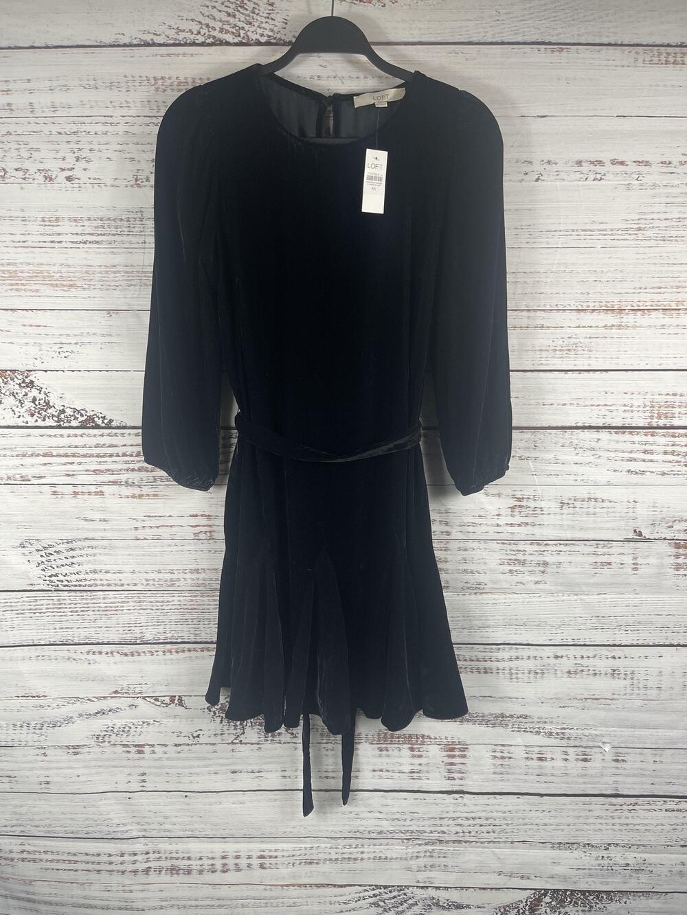 Loft Dress Women's XS Black Velvet 3/4 Sleeve Belted Fit & Flare Party Mini